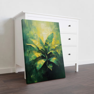 This canvas wall art features a stunning green and yellow abstract painting of tropical banana leaves. Perfect for adding a touch of nature to your living room, sofa backdrop, or bedside decoration. Elevate your home decor with this vibrant and eye-catching piece.