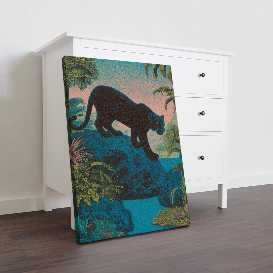 Elevate your living space with this Tropical Black Panther Jungle Art Canvas Print. Expertly crafted, it features a striking black panther set against lush tropical foliage, adding depth and sophistication to any room. Ideal as a living room centerpiece, sofa backdrop, or bedside decoration, this canvas print brings a bold yet elegant touch to your home decor. Its high-quality materials ensure durability and vivid colors that enhance your interior with a captivating jungle ambiance.