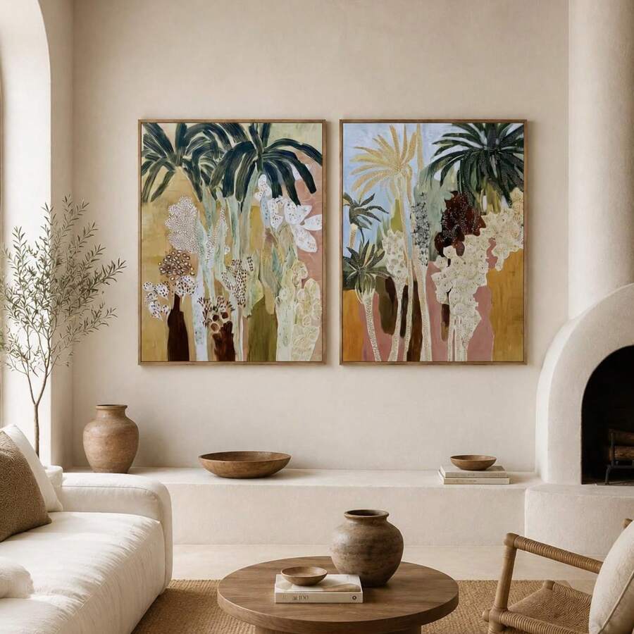 Tropical palm and white blossom canvas diptych in a Japandi living room