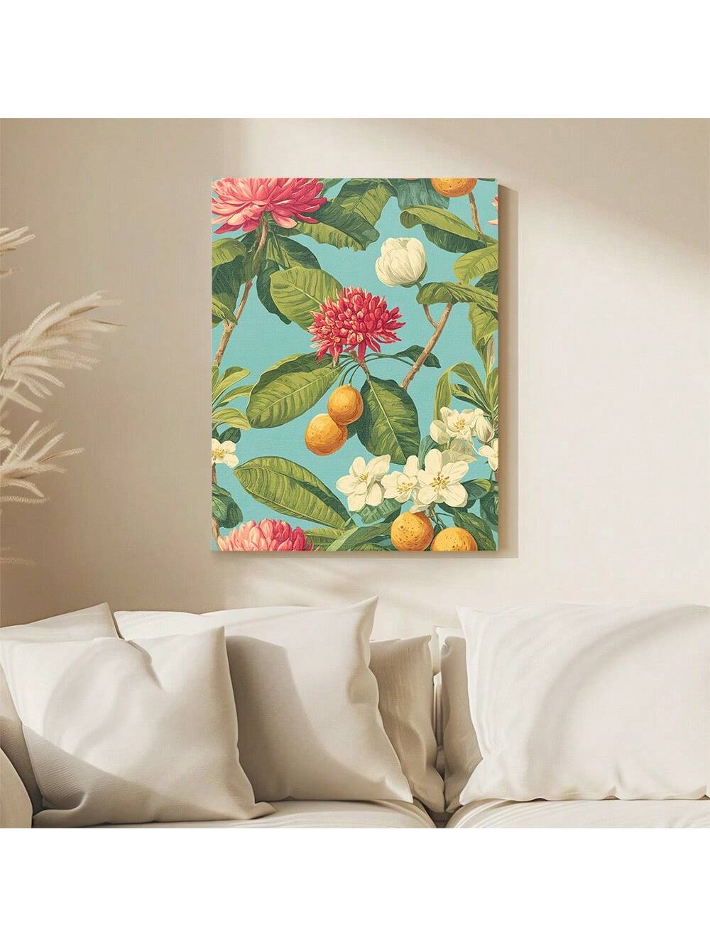 Elevate your living spaces with this Tropical Floral and Citrus Canvas Wall Art, designed to bring vibrant energy and a refreshing ambiance to any room. Perfect for the living room, bathroom, bedroom, or kitchen, this piece combines vivid floral and citrus motifs to create a lively yet sophisticated atmosphere. Crafted on high-quality canvas, it offers durability and rich color saturation, making it an ideal choice for enhancing your home decor with a touch of tropical elegance.