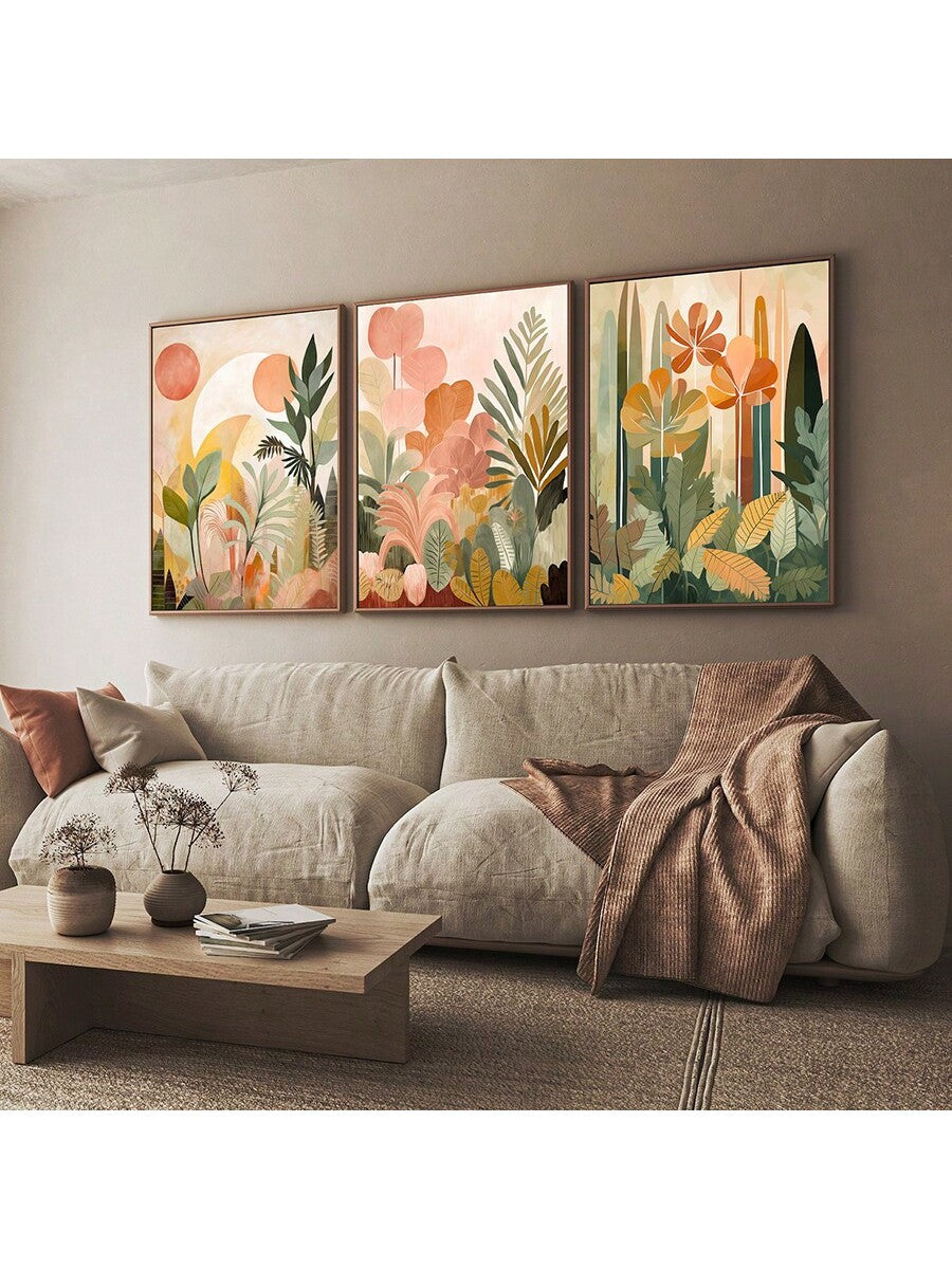 Transform your space with this curated set of three tropical jungle canvas prints that blend bohemian aesthetics with abstract artistry. 