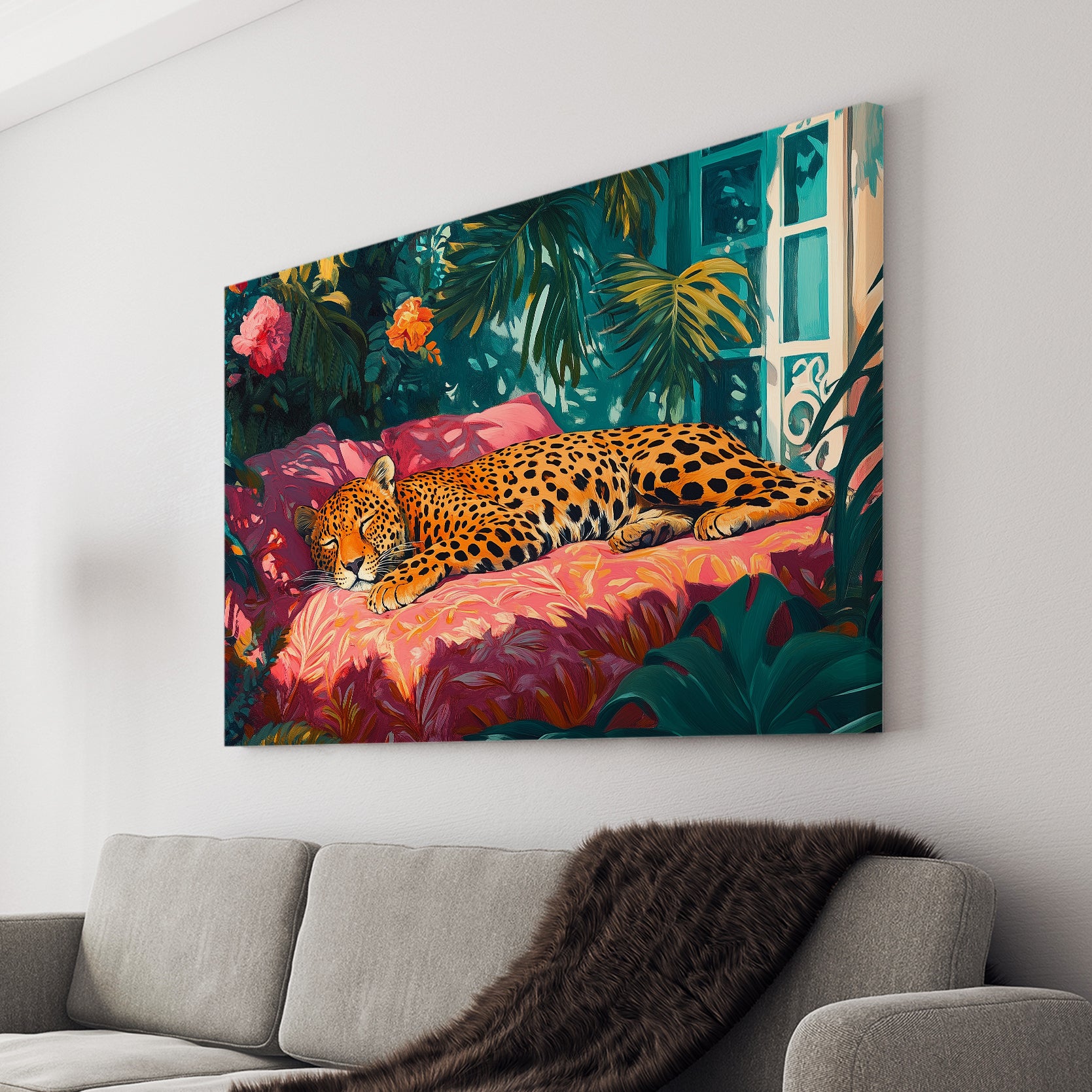 Enhance your living spaces with our Tropical Leopard Canvas Wall Art featuring a stunning jungle floral print. Perfect for adding a touch of nature to your living room, sofa backdrop, or bedside, this high-quality piece will elevate your home decor. Expertly printed on canvas for long-lasting beauty.