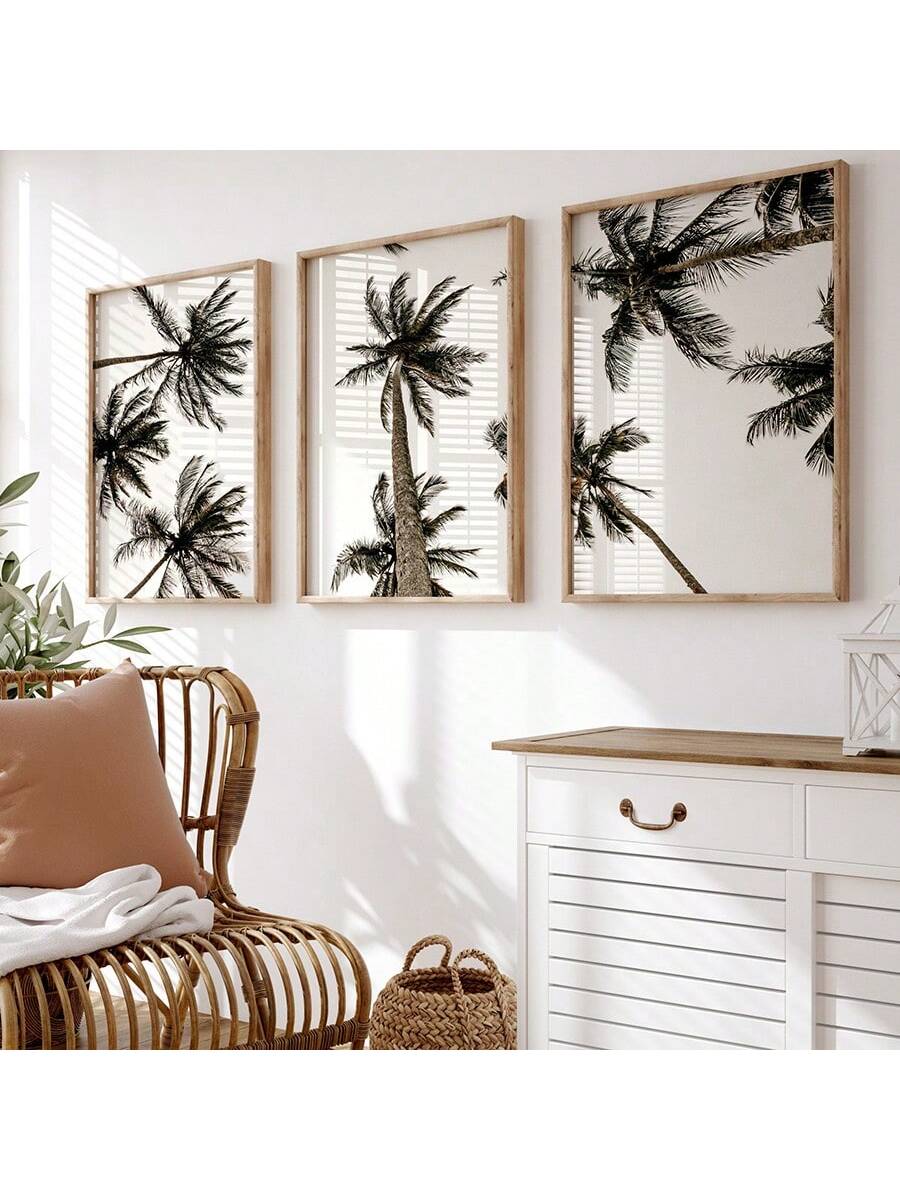 Transform your space into a serene tropical escape with this stunning 3-piece canvas art set. Each panel features meticulously rendered palm trees and lush vegetation, capturing the essence of a sun-soaked beach paradise.
