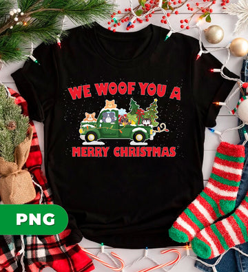 We Woof You A Merry Christmas PNG with Cute Dogs in Red Truck, Gifts and Holiday Lights, PNG For Shirts, PNG Sublimation