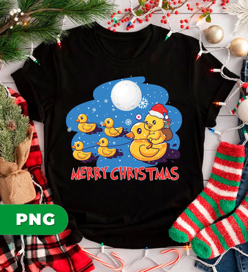 Merry Christmas Duck Parade PNG, Cute Santa Hat Rubber Duck Illustration With Snowflakes And Moon, PNG For Shirts, PNG Sublimation