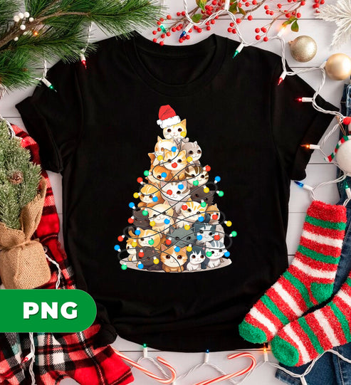 Cute Cat Christmas Tree PNG with Kittens Stacked in Tree Shape, Colorful Holiday Lights, Santa Hat, PNG For Shirts, PNG Sublimation
