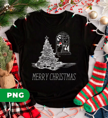 Black Cat Looking Out Snowy Window With Christmas Tree And Gifts, Cozy Holiday Night Scene, PNG Sublimation