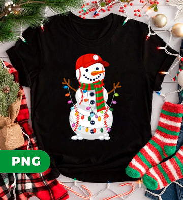 Baseball Snowman PNG, Christmas Sports Snowman Design, Xmas Baseball Shirt PNG, Holiday Lights Snowman Clipart, Red Cap Snowman PNG