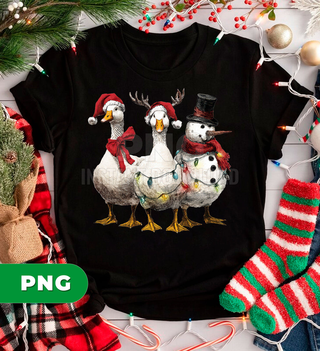Christmas Goose And Snowman PNG, Funny Holiday Farm Animal Clipart, Xmas Goose With Lights PNG, Festive Winter Sublimation Design