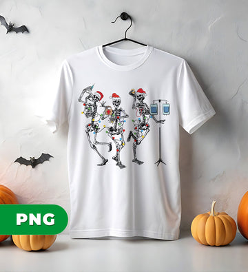 Funny Nurse Skeleton Christmas PNG, Medical Skeleton Clipart, Santa Hat Skeleton Lights PNG, Healthcare Worker Holiday PNG