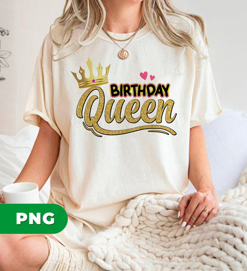 Birthday Queen Gold Glitter Crown Pink Hearts Royal Princess Celebration Woman Png File