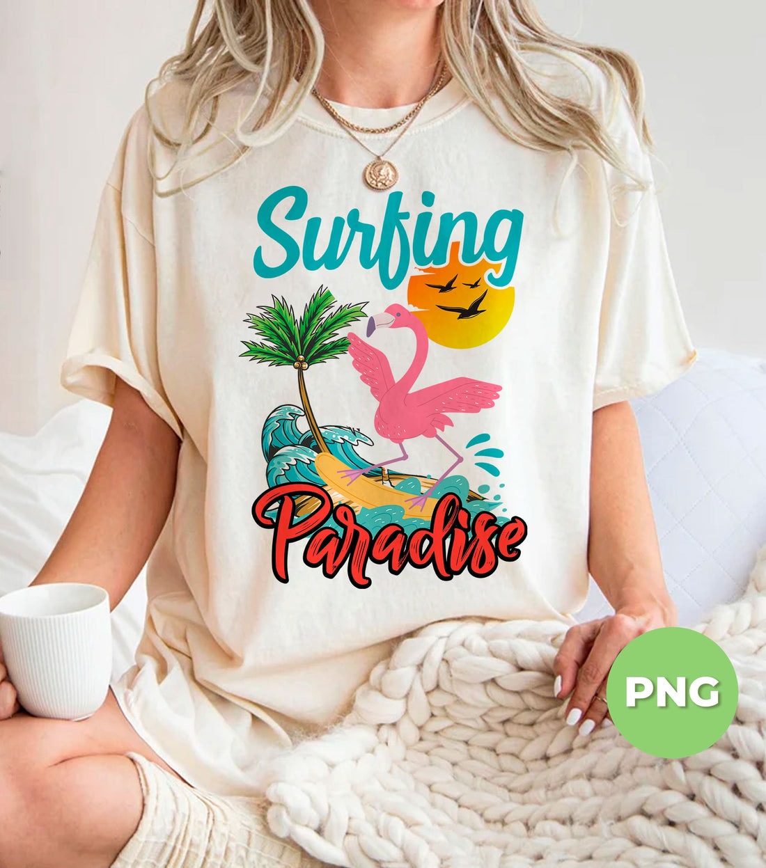 Surfing Paradise, Love Flamingo, Flamingo Surfing, Digital Files, Png Sublimation