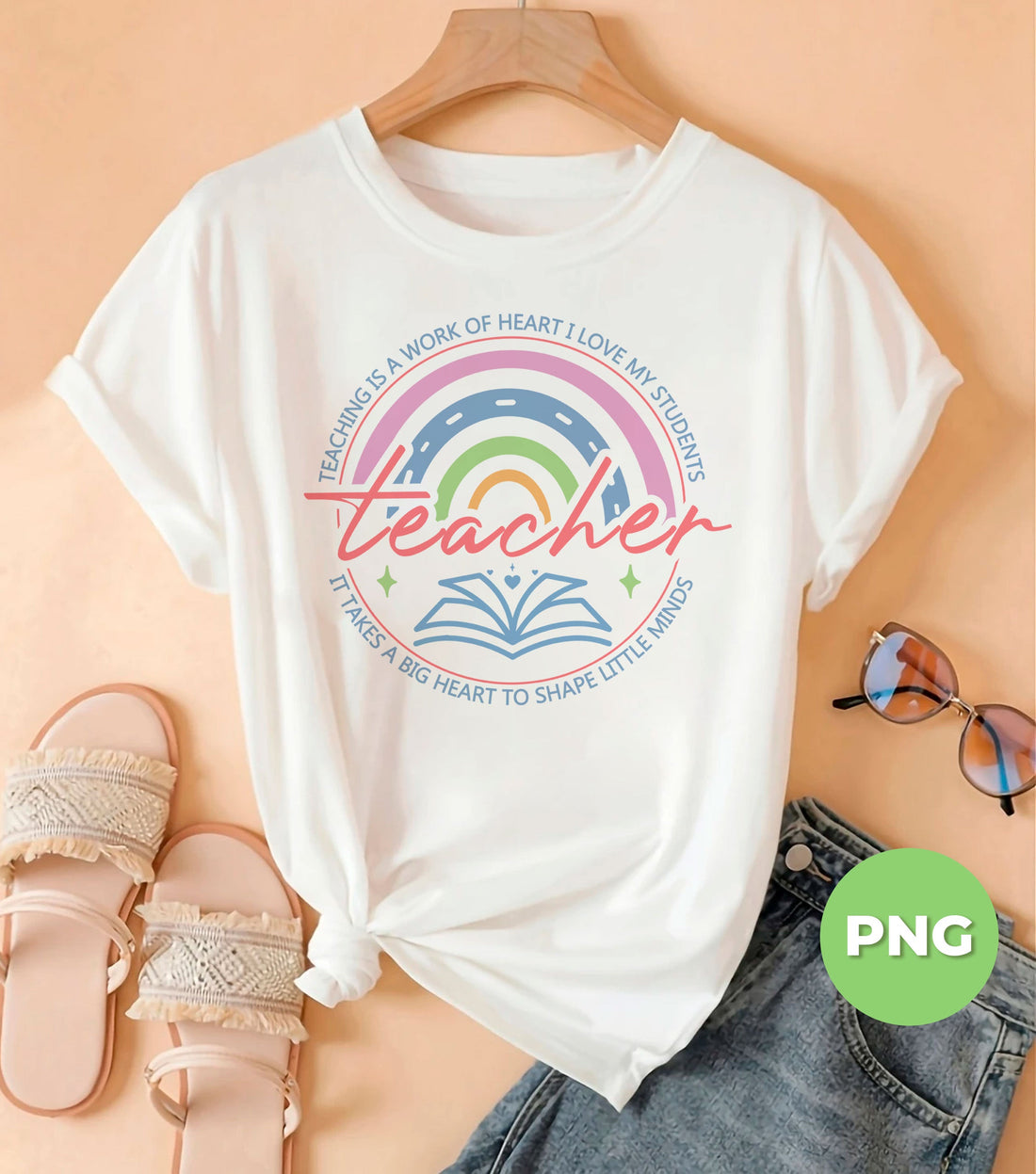 Teacher Rainbow PNG, Teaching Is A Work Of Heart PNG, Pastel Teacher Shirt Design, Big Heart Little Minds Sublimation