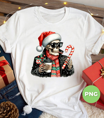Cool Skeleton Christmas PNG, Santa Hat Skull with Candy Cane Coffee, Gothic Holiday Sublimation, Dark Xmas Clipart, Punk Rock Skeleton