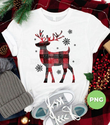 Deer Plaid Reindeer PNG, Christmas Deer Sublimation Design, Red Black Plaid Animal Clipart, Rustic Holiday Snowflake Graphic, Merry Xmas
