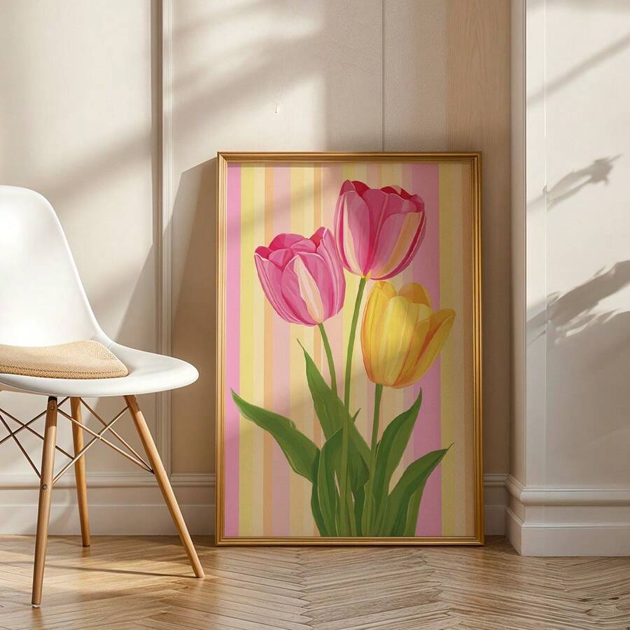 Colorful pink and yellow tulip canvas poster in a gold-tone frame