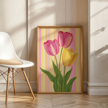 Colorful pink and yellow tulip canvas poster in a gold-tone frame