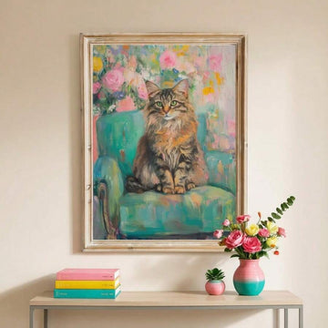 Turquoise Siberian Tabby Cat & Teal Floral Portrait Canvas Poster 