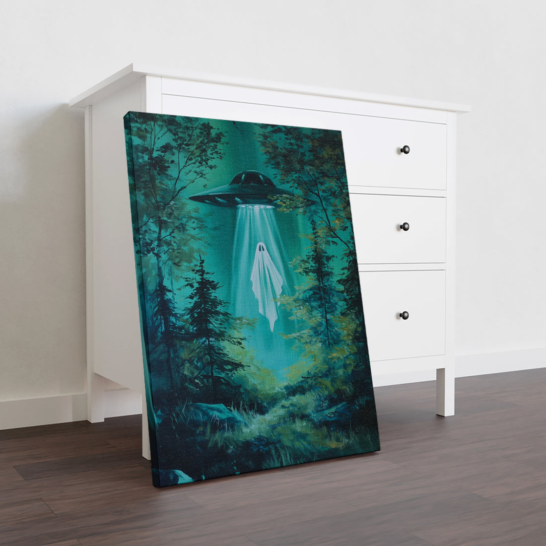 Transform your living space with the UFO Ghost Forest Canvas Wall Art, featuring a captivating supernatural night scene. This striking piece adds a mysterious and atmospheric touch to any room, perfect as a sofa backdrop or bedside decoration. Crafted to enhance your home decor, it invites intrigue and conversation while complementing modern and eclectic interiors. Ideal for those who appreciate unique art that sparks imagination and elevates ambiance.