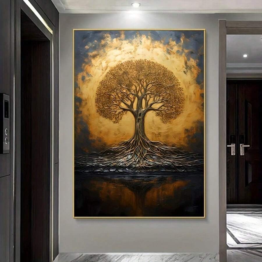 Bring serene elegance into your space with this stunning Golden Tree of Life Canvas Art. Featuring a modern zen aesthetic, this unframed painting showcases intricate botanical details in rich golden tones that complement any contemporary décor. Perfect for living rooms, entryways, or dining areas, the waterproof canvas ensures lasting beauty and durability. The minimalist design creates a focal point that inspires calm and balance, making it an ideal choice for those seeking meaningful wall art that transfo