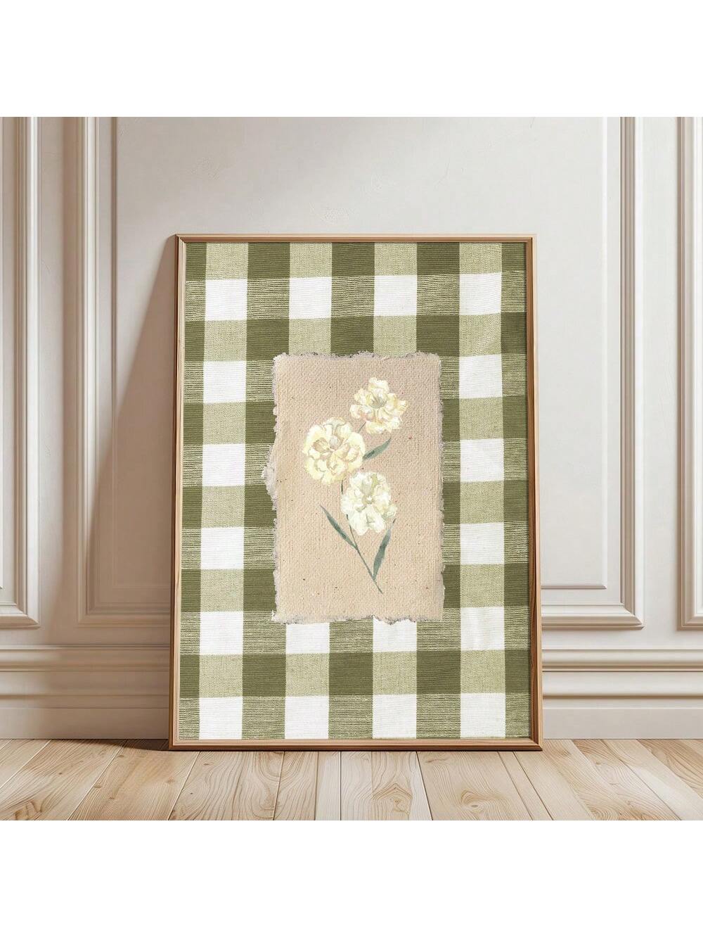 This unframed canvas print features a delicate green gingham pattern intertwined with vintage botanical floral illustrations, offering a refined blend of classic charm and modern aesthetics. Ideal for enhancing contemporary interiors, it brings a subtle touch of nature and timeless elegance to any room. Its versatile design complements various decor styles, making it a sophisticated choice for those seeking understated yet impactful wall art.