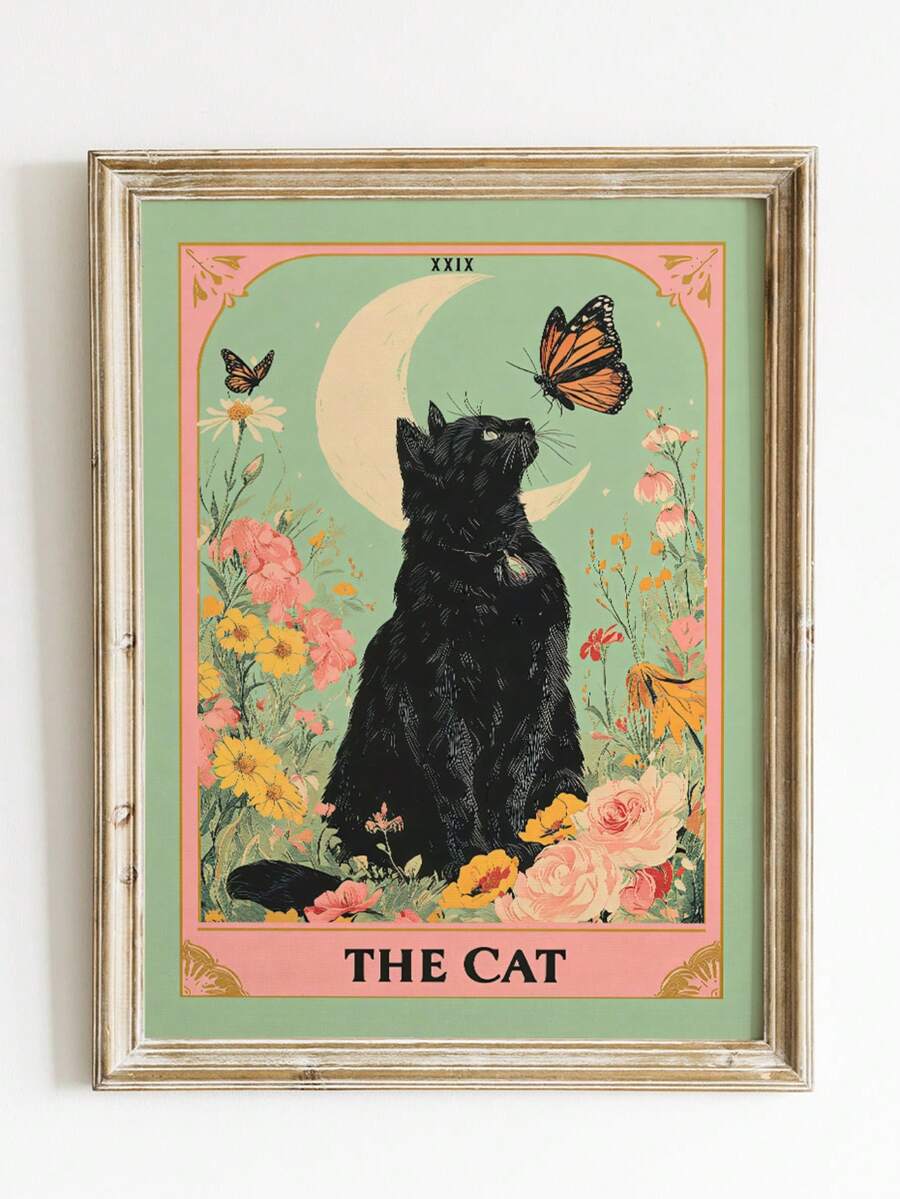Embrace the mystique with this captivating unframed art print featuring a striking black cat gazing at the moon, adorned with delicate floral details.