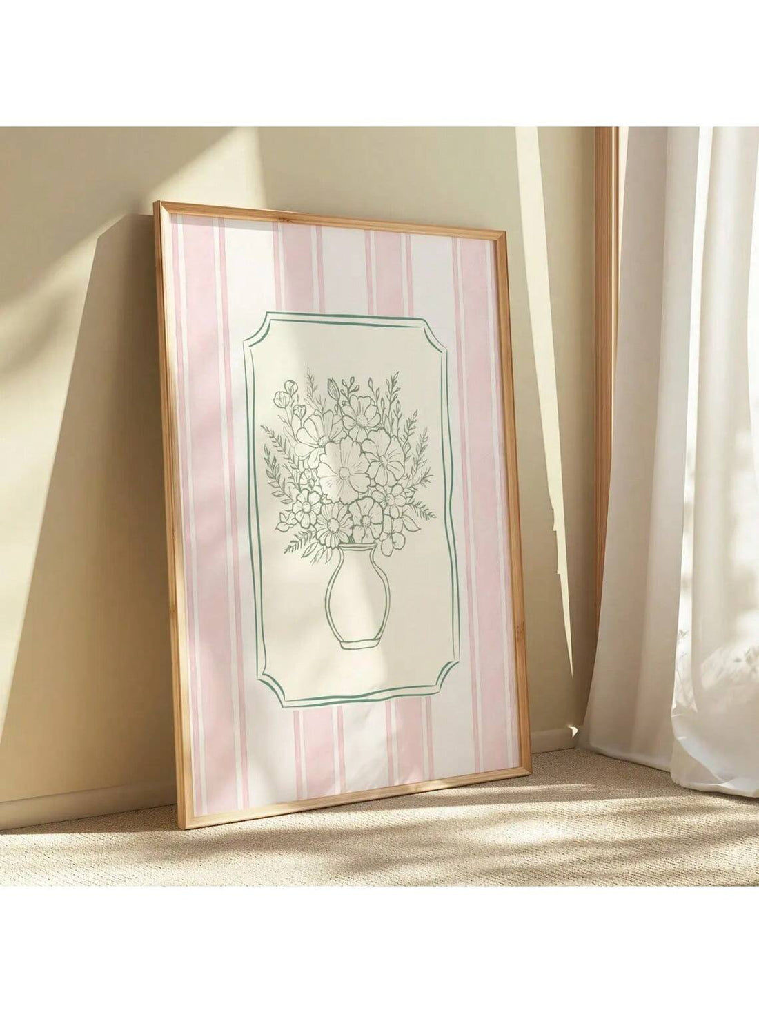 Elevate your interior with this sophisticated canvas print featuring a delicate pink floral vase rendered in minimalist botanical style. 
