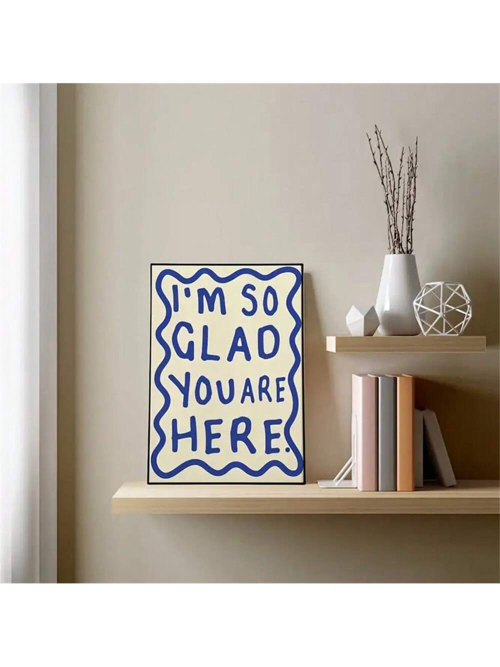 Elevate your space with this uplifting canvas wall art featuring the positive affirmation "I'm So Glad You Are Here." Designed to bring warmth and encouragement, this chic piece complements any room’s decor while fostering a welcoming atmosphere. Its clean design and inspiring message make it an expert choice for creating a positive environment in your home or office.