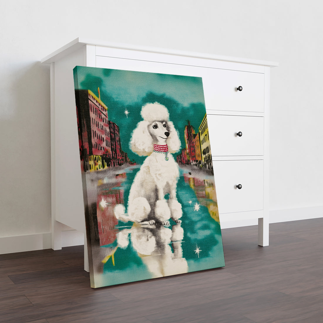 Transform your living space with this striking Urban Poodle Wall Art, a contemporary canvas print featuring an elegant white poodle set against a vibrant city street backdrop. Perfect for modern interiors, this piece brings sophistication and artistic flair to your sofa wall, bedroom, or any room seeking a refined focal point.
