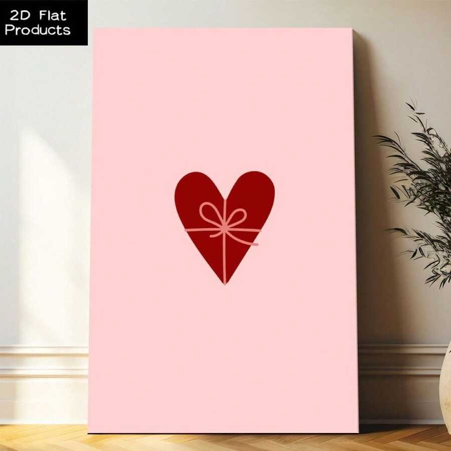 Pink canvas wall art with red heart gift bow design leaning in bright room as 2D flat print