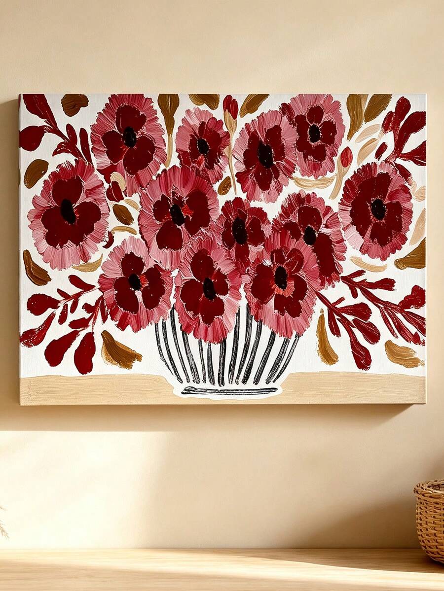 Wide canvas of burgundy and rose flowers in a sketched vase on a light background