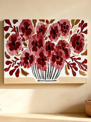 Wide canvas of burgundy and rose flowers in a sketched vase on a light background