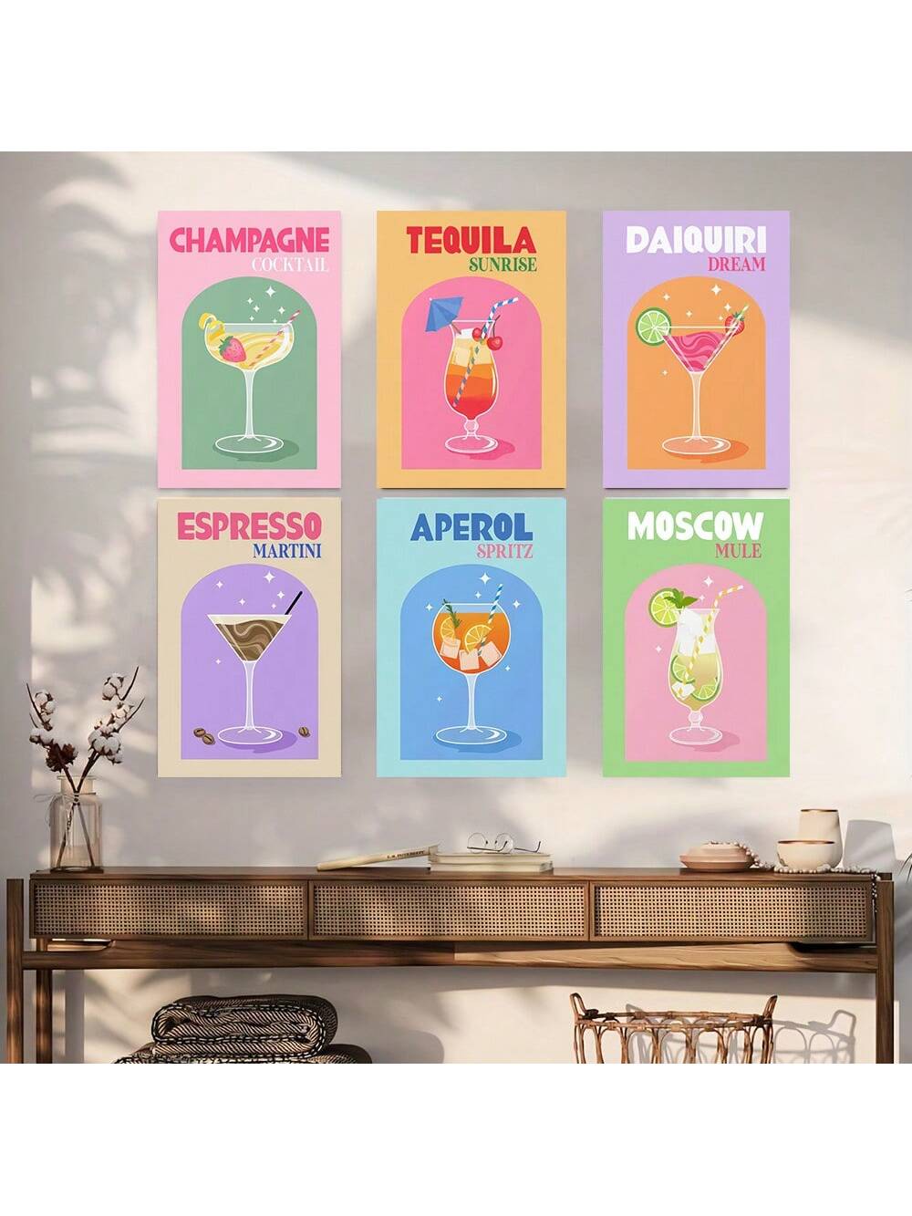 Elevate your space with this vibrant 6-piece frameless juice print wall art, perfectly capturing retro coastal charm. Each panel seamlessly combines to create a striking, colorful display that adds energy and style to any room. Crafted without frames, the sleek design highlights the artwork’s vivid hues and clean lines, making it an ideal choice for modern coastal interiors. This unique set also serves as a thoughtful gift, blending artistic appeal with nostalgic coastal vibes for a memorable touch.