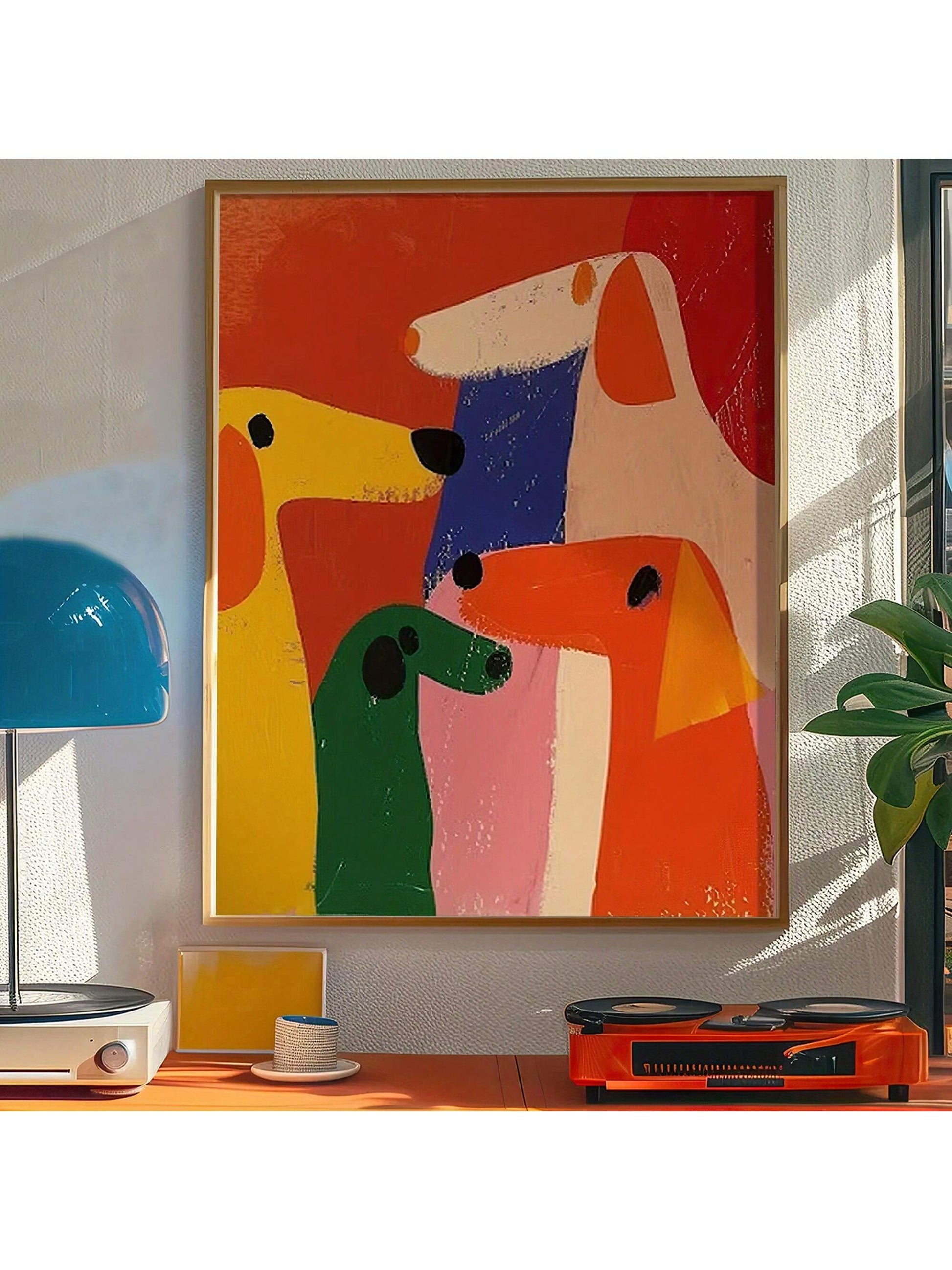 This vibrant abstract dog oil painting brings a modern minimalist touch to any home or office space. Its bold colors and dynamic brushstrokes create a striking focal point that enhances contemporary décor. Crafted with attention to detail, this artwork adds personality and sophistication while complementing a variety of interior styles. Ideal for art enthusiasts seeking a unique and expressive piece that elevates their environment.