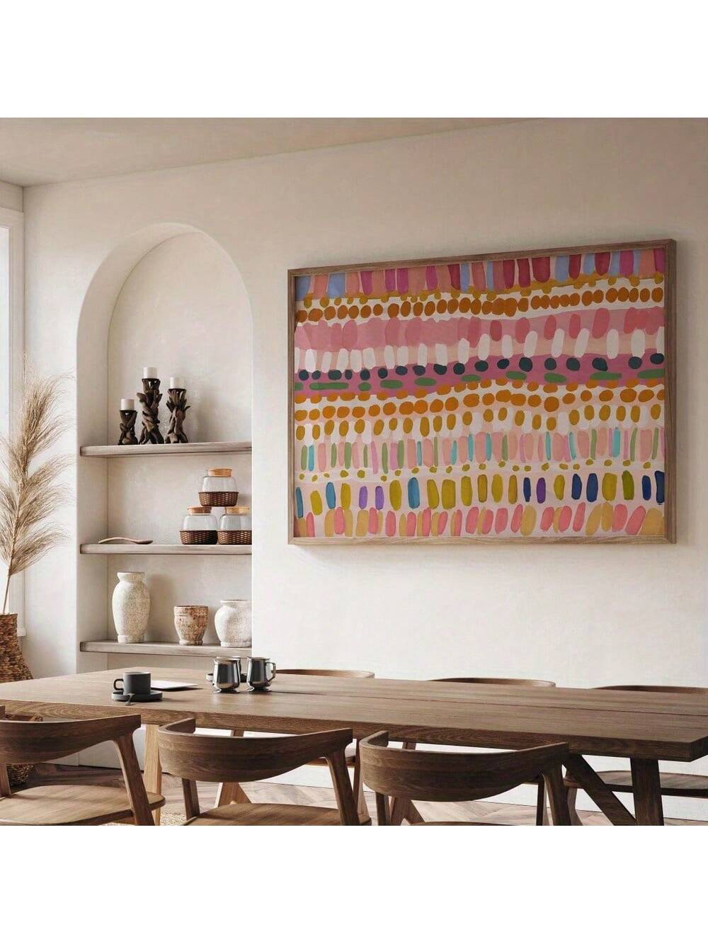 Experience a burst of color with our vibrant abstract oil painting canvas art. This modern geometric wall decor adds a touch of contemporary style to any space - whether it be your living room, bedroom, kitchen, or office. Elevate your space with this eye-catching piece.