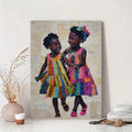 Colorful canvas portrait of two smiling Black girls in patchwork dresses