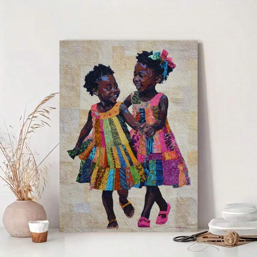 Colorful canvas portrait of two smiling Black girls in patchwork dresses