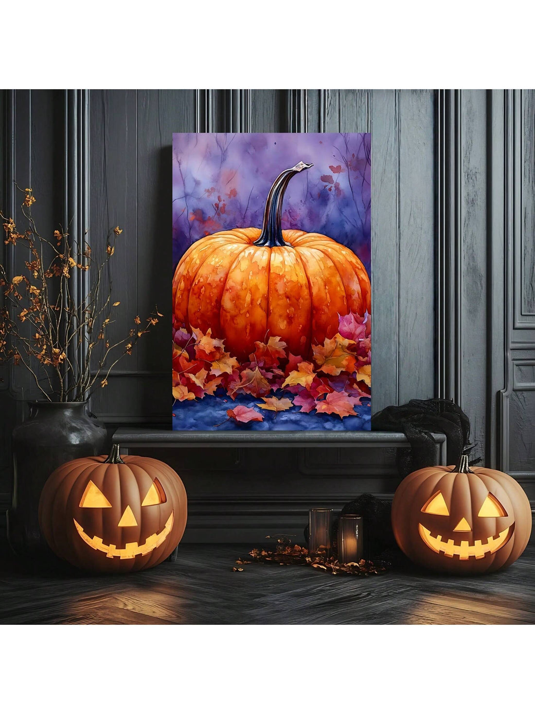 Celebrate the beauty of fall with this Vibrant Autumn Watercolor Pumpkin &amp; Leaves Art Print. Expertly crafted, it captures the rich colors and textures of autumn, making it an ideal addition to Halloween and seasonal home decor. This art print brings warmth and festive charm to any space, enhancing your environment with a sophisticated seasonal touch.