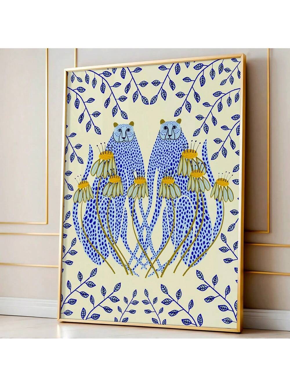 Transform your space with this striking wall art print featuring vibrant blue cheetahs against golden daisies. This sophisticated piece adds a bold touch of wildlife elegance to any interior setting. The unique color combination creates visual interest while complementing various décor styles. Professionally designed to serve as a captivating focal point in living rooms, bedrooms, or offices.