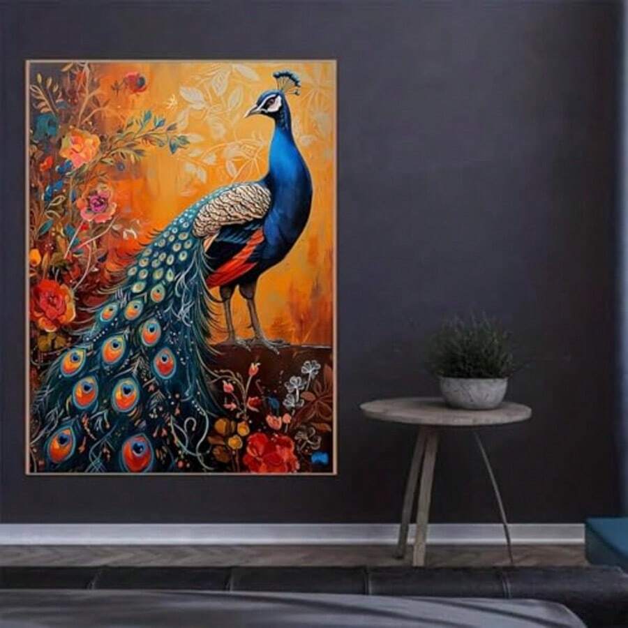 Elevate your space with this stunning Vibrant Blue Peacock Canvas Poster, a striking fusion of luxury and contemporary design. Featuring intricate ornate detailing, this piece showcases a majestic peacock rendered in rich blues and complementary botanical elements. Crafted on premium canvas with waterproof properties, this artwork is built to last.