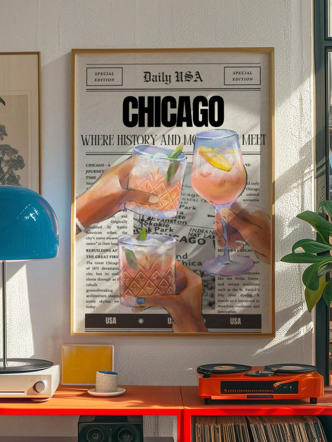Celebrate the spirit of Chicago with this vibrant newspaper-style wall art featuring iconic cocktail imagery. Perfect for adding a unique touch to your home decor, this print captures the lively atmosphere of Chicago’s bar scene. Its bold design and rich colors make it an excellent gift for cocktail enthusiasts and city lovers alike, enhancing any space with a sophisticated yet playful vibe.