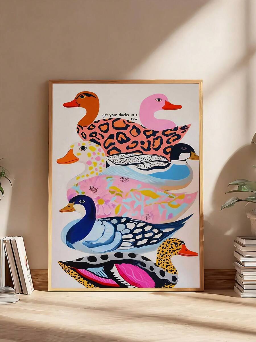 Bring playful charm to any space with this vibrant colorful duck art print. Featuring a delightful cartoon design, this canvas artwork adds personality to your home, office, or serves as a thoughtful gift. Available in both framed and unframed options, it's crafted on quality canvas with waterproof properties for lasting durability.