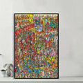 Bring a bold burst of color to your space with this vibrant canvas poster. The densely illustrated crowd scene combines folk-art-inspired detail with a maximalist graphic style, creating an eye-catching focal point for a living room, hallway, entryway, or creative office.