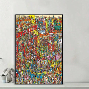 Bring a bold burst of color to your space with this vibrant canvas poster. The densely illustrated crowd scene combines folk-art-inspired detail with a maximalist graphic style, creating an eye-catching focal point for a living room, hallway, entryway, or creative office.