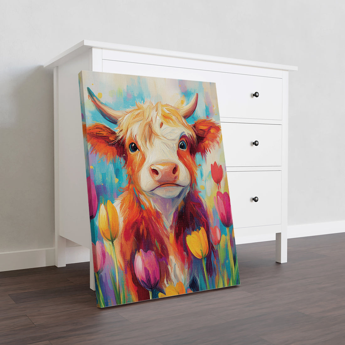 This vibrant cow painting on canvas is the perfect addition to any living room, sofa backdrop, or bedside decoration. The high-quality canvas and rich, vibrant colors bring a touch of artistic elegance to any home decor. A must-have for cow lovers and art enthusiasts alike.