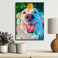 Add a pop of color and charm to any room with this Vibrant Dog Canvas Art Print. Featuring an abstract sunflower crown design, this print comes with a frame and is perfect for any space in need of some personality. Bring vibrant energy and a touch of nature to your home.