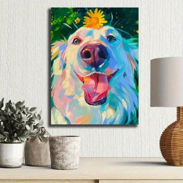 Add a pop of color and charm to any room with this Vibrant Dog Canvas Art Print. Featuring an abstract sunflower crown design, this print comes with a frame and is perfect for any space in need of some personality. Bring vibrant energy and a touch of nature to your home.