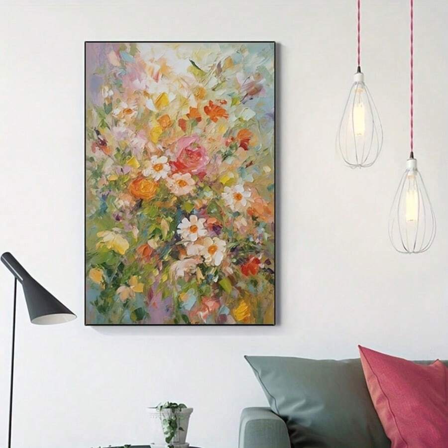 Bring nature's beauty into your home with this stunning vibrant floral bouquet canvas print. Featuring modern impressionist brushwork, this piece captures the essence of a lush garden in soft, romantic pastels.