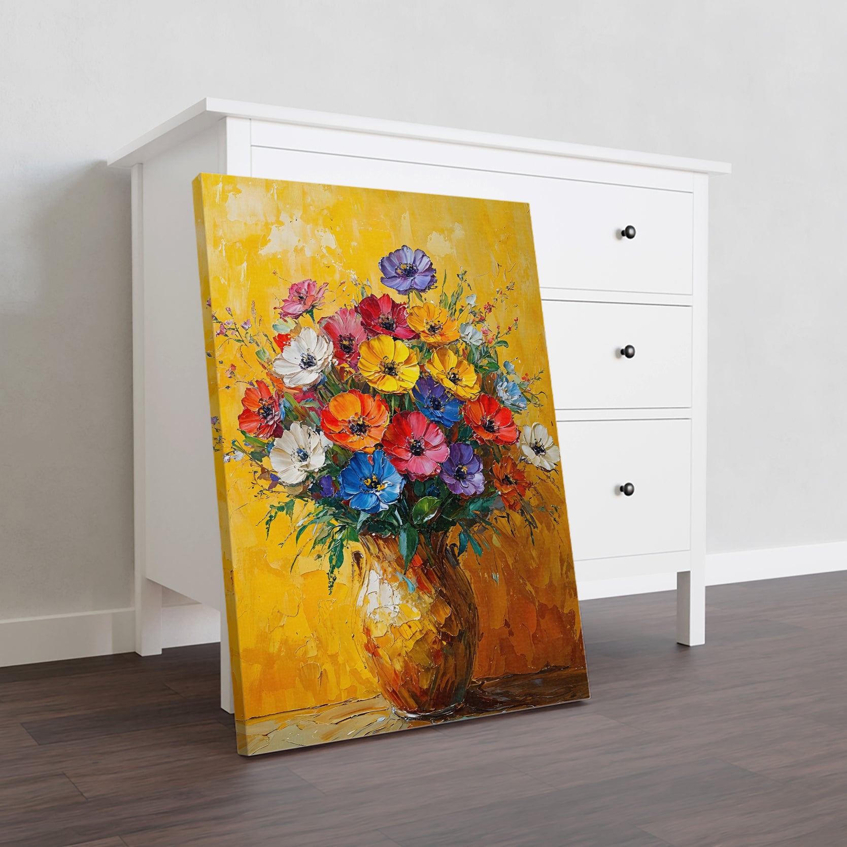 This oil painting on canvas features a vibrant floral bouquet in a vase, adding a touch of elegance to any room. With its beautiful flowers and vibrant colors, this canvas art is the perfect addition to your living room, bedroom, or any other space in need of a decorative touch. Elevate your home decor with this stunning piece of art.