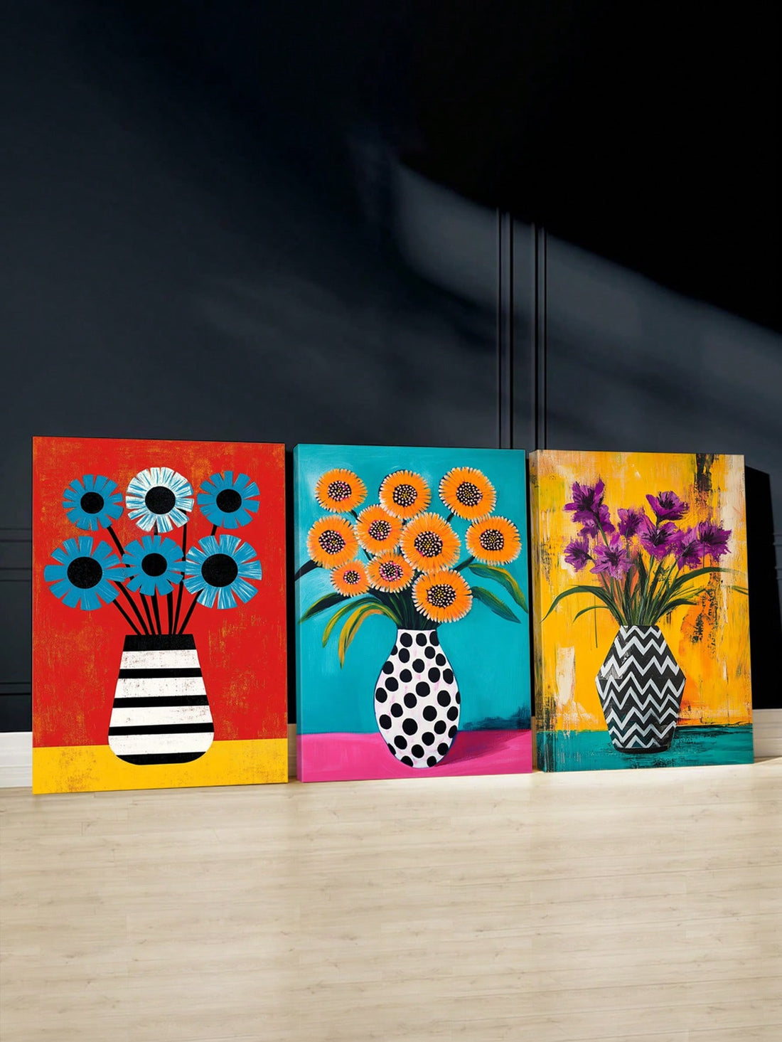 Transform your living space with this striking three-piece canvas art collection featuring bold, contemporary floral designs. Each canvas showcases vibrant color palettes that complement modern interiors while adding visual depth and personality to any room. The set's cohesive yet dynamic composition works beautifully as a gallery wall or distributed throughout your home.